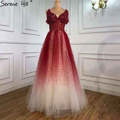 Serene Hill Arabic Gradual Change Red Evening Dresses Gowns 2025 Beaded Luxury A Line Sexy For Women Wedding Party LA70983 - SERENE HILL