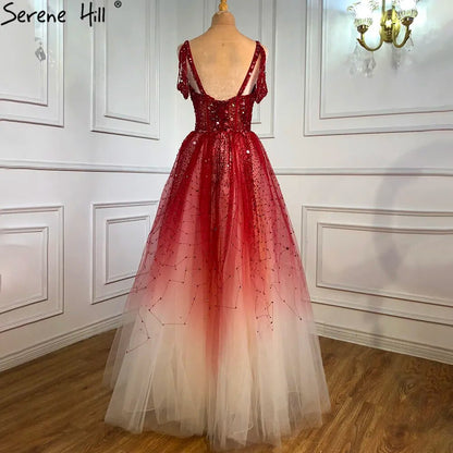 Serene Hill Arabic Gradual Change Red Evening Dresses Gowns 2025 Beaded Luxury A Line Sexy For Women Wedding Party LA70983 - SERENE HILL
