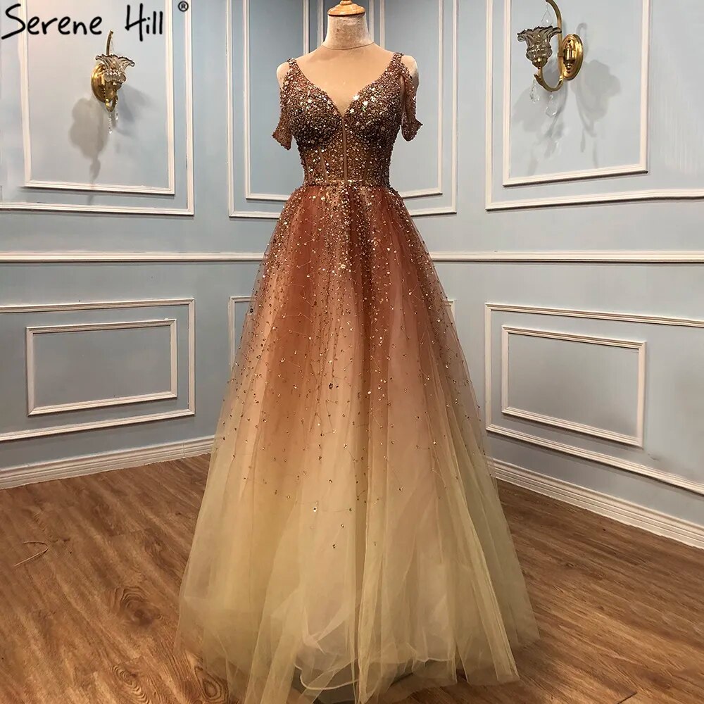 Serene Hill Arabic Gradual Change Red Evening Dresses Gowns 2025 Beaded Luxury A Line Sexy For Women Wedding Party LA70983 - SERENE HILL