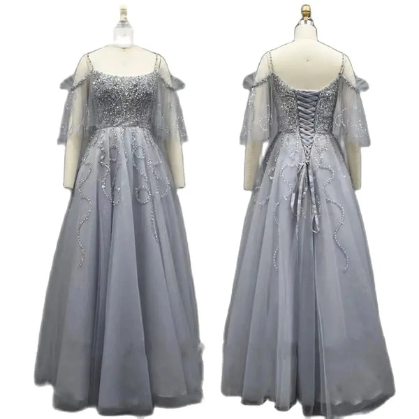 Serene Hill Arabic Gray A Line Luxury Dubai Evening Dresses Gowns 2025 Beaded Lace Up For Women Wedding Party LA72256