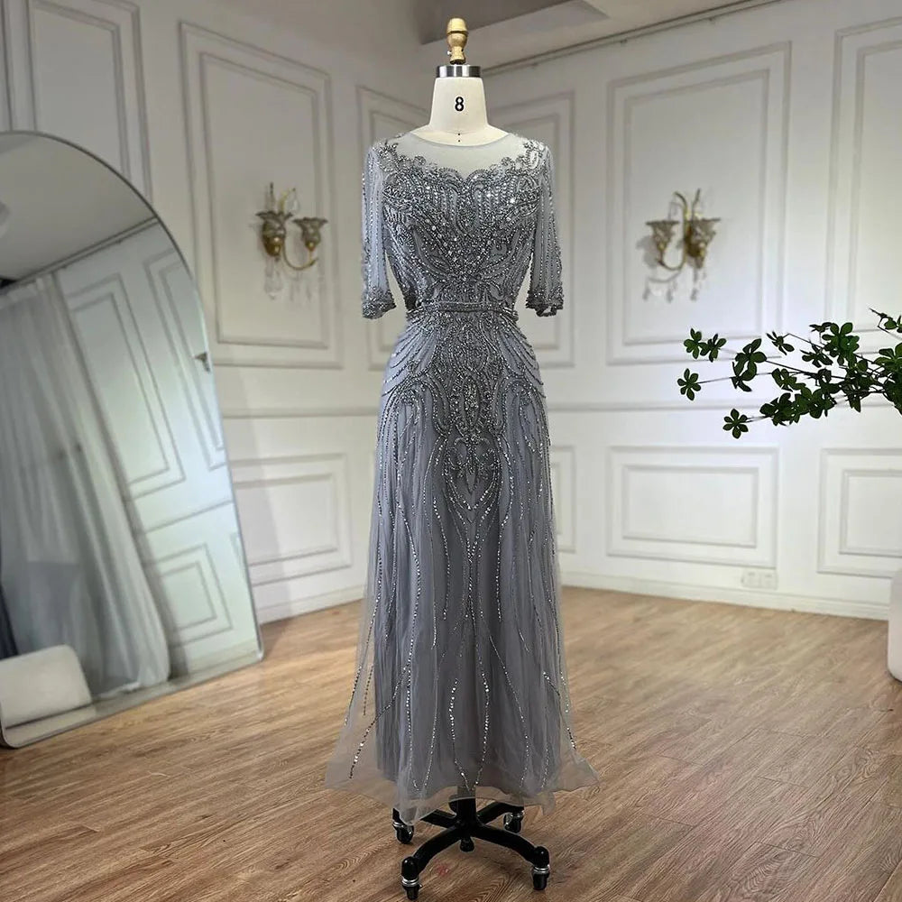 Serene Hill Arabic Gray Elegant Tea Length Mermaid Beaded Luxury Evening Dresses Gowns for Women Wedding Party 2025 LA72559 - SERENE HILL
