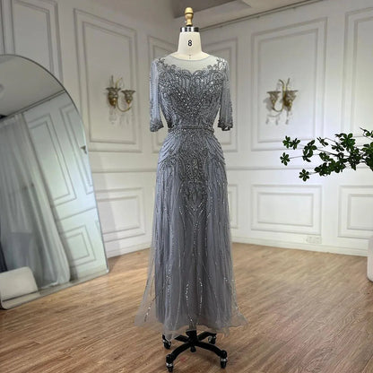 Serene Hill Arabic Gray Elegant Tea Length Mermaid Beaded Luxury Evening Dresses Gowns for Women Wedding Party 2025 LA72559 - SERENE HILL