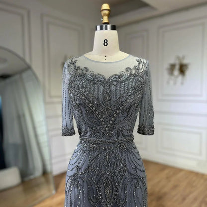 Serene Hill Arabic Gray Elegant Tea Length Mermaid Beaded Luxury Evening Dresses Gowns for Women Wedding Party 2025 LA72559 - SERENE HILL