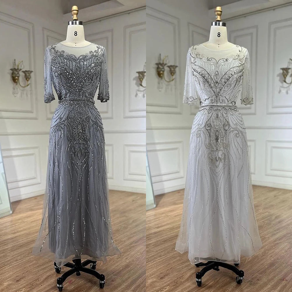 Serene Hill Arabic Gray Elegant Tea Length Mermaid Beaded Luxury Evening Dresses Gowns for Women Wedding Party 2025 LA72559 - SERENE HILL