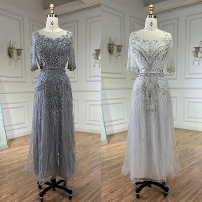 Serene Hill Arabic Gray Elegant Tea Length Mermaid Beaded Luxury Evening Dresses Gowns for Women Wedding Party 2025 LA72559 - SERENE HILL