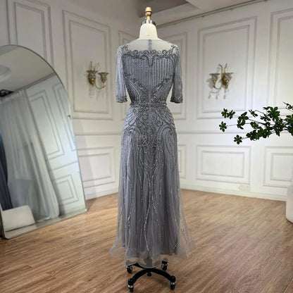 Serene Hill Arabic Gray Elegant Tea Length Mermaid Beaded Luxury Evening Dresses Gowns for Women Wedding Party 2025 LA72559 - SERENE HILL