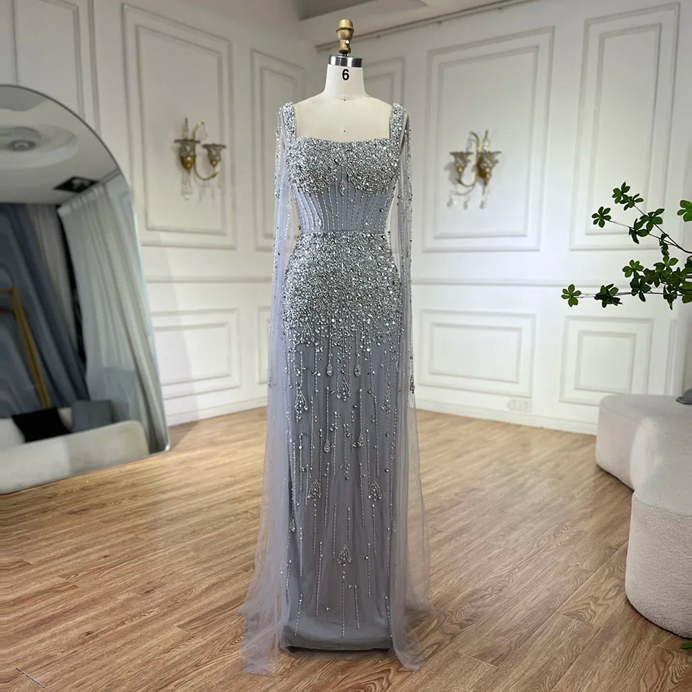 Serene Hill Arabic Gray Mermaid Beaded Luxury Dubai Long Evening Gown with Cape Sleeves Elegant for Women - Party 2025 LA72592 - SERENE HILL