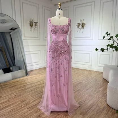 Serene Hill Arabic Gray Mermaid Beaded Luxury Dubai Long Evening Gown with Cape Sleeves Elegant for Women - Party 2025 LA72592 - SERENE HILL