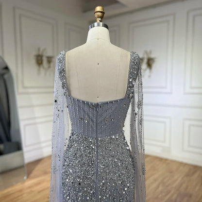 Serene Hill Arabic Gray Mermaid Beaded Luxury Dubai Long Evening Gown with Cape Sleeves Elegant for Women - Party 2025 LA72592 - SERENE HILL