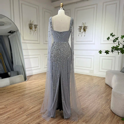 Serene Hill Arabic Gray Mermaid Beaded Luxury Dubai Long Evening Gown with Cape Sleeves Elegant for Women - Party 2025 LA72592 - SERENE HILL