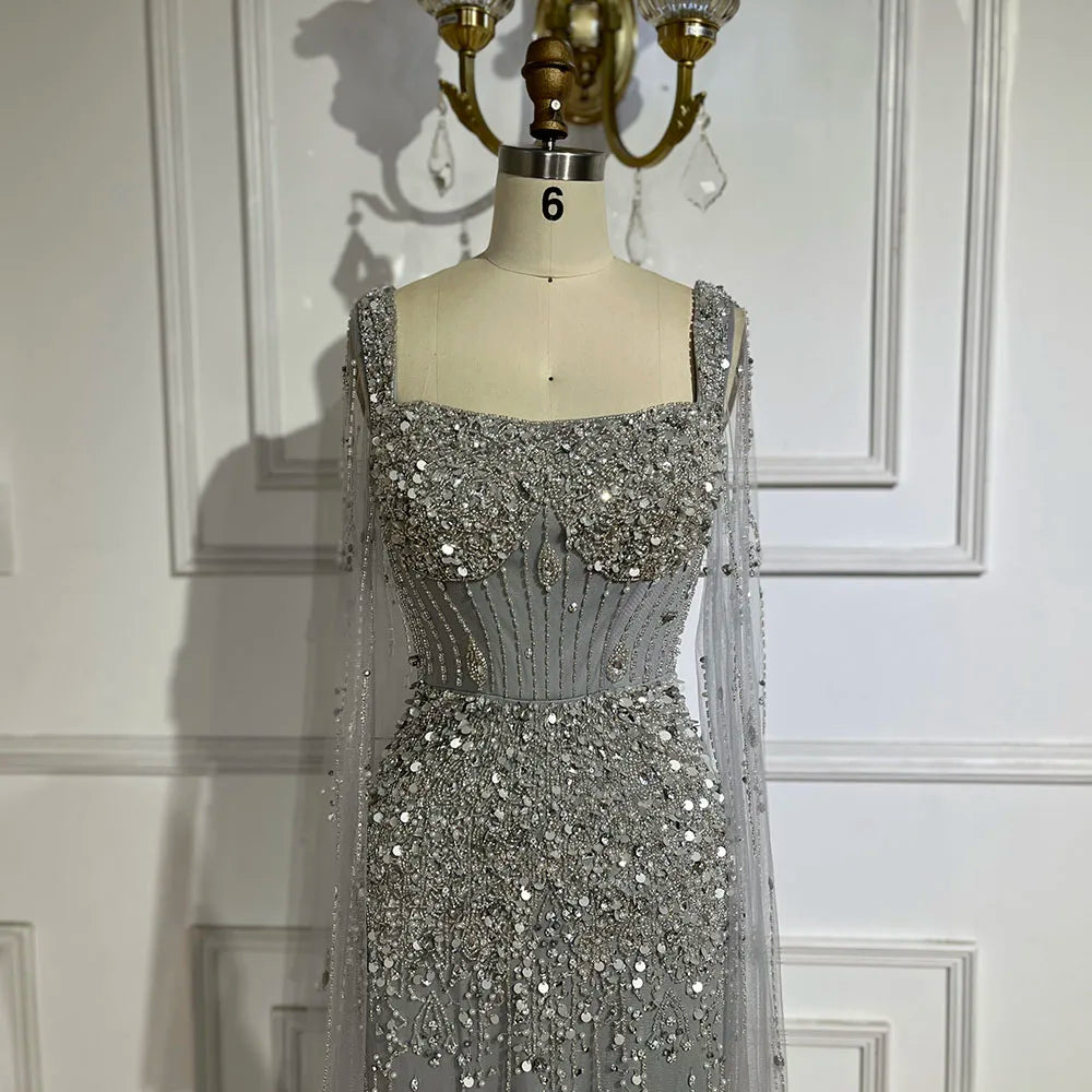 Serene Hill Arabic Gray Mermaid Beaded Luxury Dubai Long Evening Gown with Cape Sleeves Elegant for Women - Party 2025 LA72592 - SERENE HILL