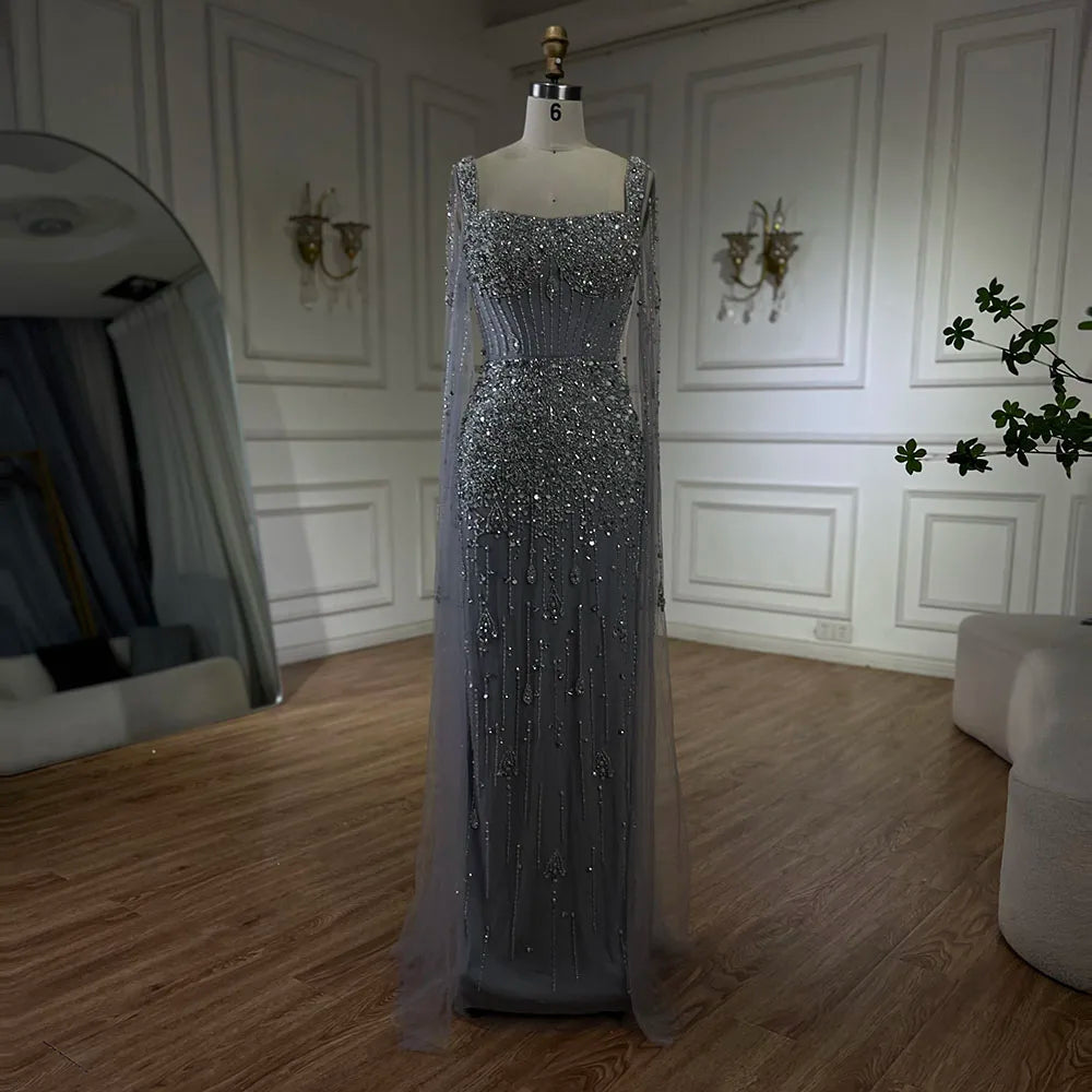 Serene Hill Arabic Gray Mermaid Beaded Luxury Dubai Long Evening Gown with Cape Sleeves Elegant for Women - Party 2025 LA72592 - SERENE HILL