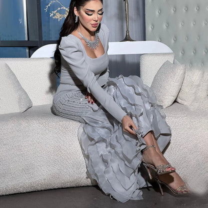 Serene Hill Arabic Gray Mermaid Elegant Ankle Length Beaded Satin Luxury Evening Dresses Gowns For Women Party 2025 LA72317 - SERENE HILL