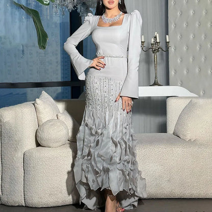 Serene Hill Arabic Gray Mermaid Elegant Ankle Length Beaded Satin Luxury Evening Dresses Gowns For Women Party 2025 LA72317 - SERENE HILL
