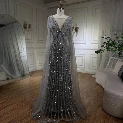 Mermaid Silver Gray Evening Dresses with Cape Sleeves LA72289 - SERENE HILL
