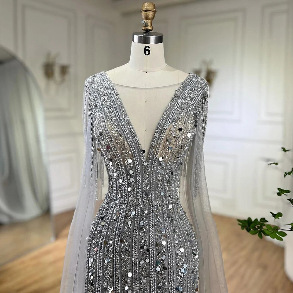 Mermaid Silver Gray Evening Dresses with Cape Sleeves LA72289 - SERENE HILL