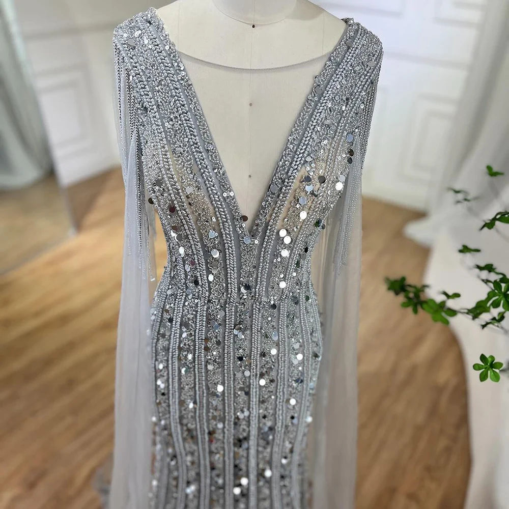 Mermaid Silver Gray Evening Dresses with Cape Sleeves LA72289 - SERENE HILL