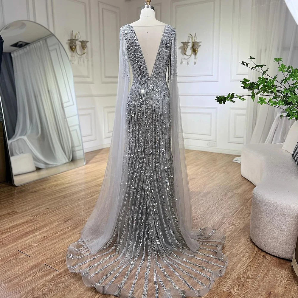 Mermaid Silver Gray Evening Dresses with Cape Sleeves LA72289 - SERENE HILL