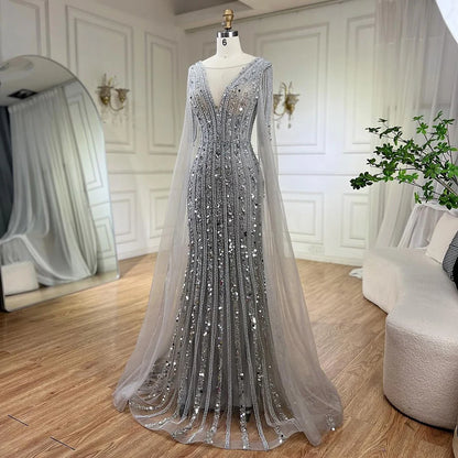 Mermaid Silver Gray Evening Dresses with Cape Sleeves LA72289 Gray / 12