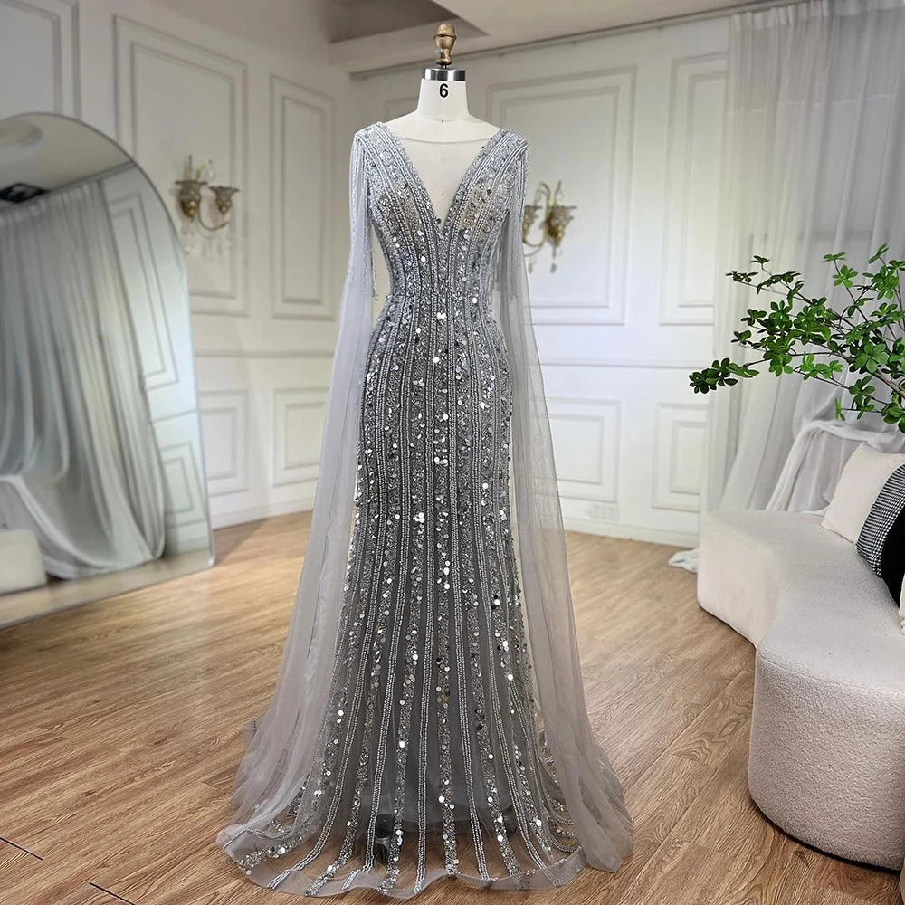 Mermaid Silver Gray Evening Dresses with Cape Sleeves LA72289