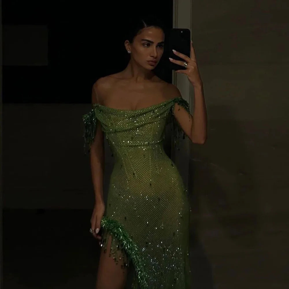 Serene Hill Arabic Green Crystal Tassel Saudi Evening Dresses Gowns High Split Prom Dress for Women Wedding Party 2025 LA72490 - SERENE HILL