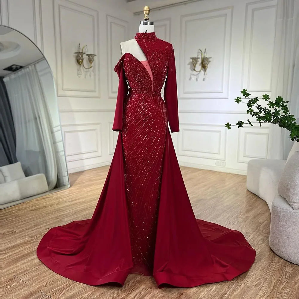 Serene Hill Arabic Green Elegant Mermaid One Shoulder Beaded Luxury Dubai Evening Dresses Gowns For Women Wedding Party LA72550 - SERENE HILL