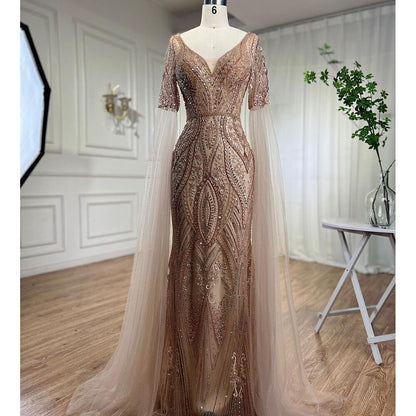 Serene Hill Arabic Green Mermaid Elegant Beaded Evening Dresses With Cape Sleeves Gowns For Women Wedding Party 2025 LA72131 - SERENE HILL