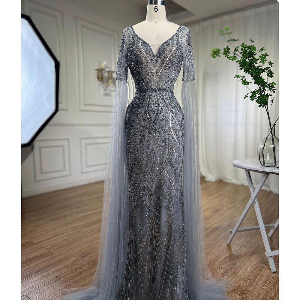 Serene Hill Arabic Green Mermaid Elegant Beaded Evening Dresses With Cape Sleeves Gowns For Women Wedding Party 2025 LA72131 - SERENE HILL