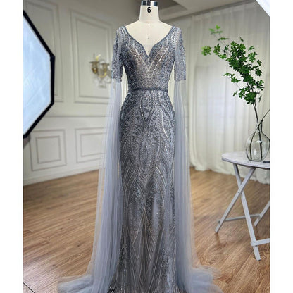 Serene Hill Arabic Green Mermaid Elegant Beaded Evening Dresses With Cape Sleeves Gowns For Women Wedding Party 2025 LA72131 - SERENE HILL