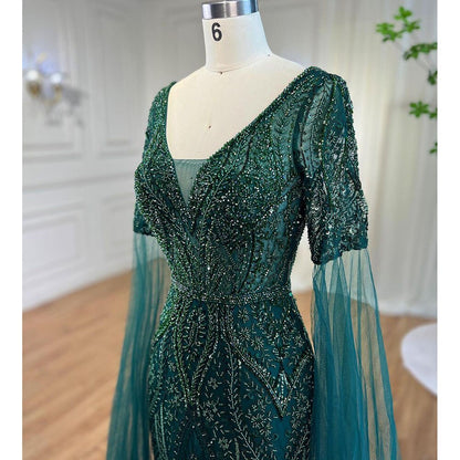Serene Hill Arabic Green Mermaid Elegant Beaded Evening Dresses With Cape Sleeves Gowns For Women Wedding Party 2025 LA72131 - SERENE HILL