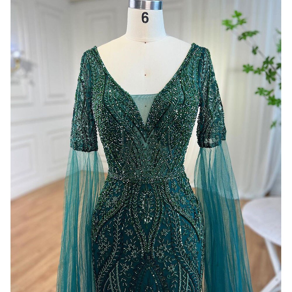 Serene Hill Arabic Green Mermaid Elegant Beaded Evening Dresses With Cape Sleeves Gowns For Women Wedding Party 2025 LA72131 Green / 2