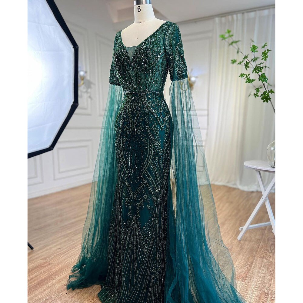 Serene Hill Arabic Green Mermaid Elegant Beaded Evening Dresses With Cape Sleeves Gowns For Women Wedding Party 2025 LA72131 - SERENE HILL