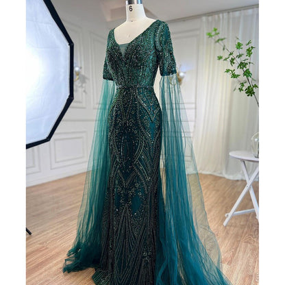 Serene Hill Arabic Green Mermaid Elegant Beaded Evening Dresses With Cape Sleeves Gowns For Women Wedding Party 2025 LA72131 - SERENE HILL