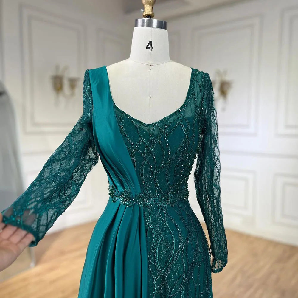 Serene Hill Arabic Green Mermaid Elegant Satin Lace Beaded Luxury Dubai Evening Dresses Gowns For Women Wedding Party LA71860A - SERENE HILL