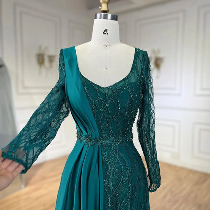 Serene Hill Arabic Green Mermaid Elegant Satin Lace Beaded Luxury Dubai Evening Dresses Gowns For Women Wedding Party LA71860A - SERENE HILL