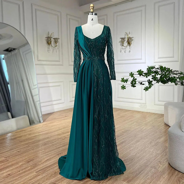 Serene Hill Arabic Green Mermaid Elegant Satin Lace Beaded Luxury Dubai Evening Dresses Gowns For Women Wedding Party LA71860A