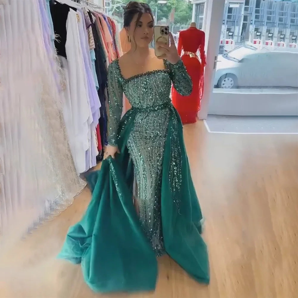 Modest Green Mermaid Evening Dress with Overskirt LA72710 - SERENE HILL