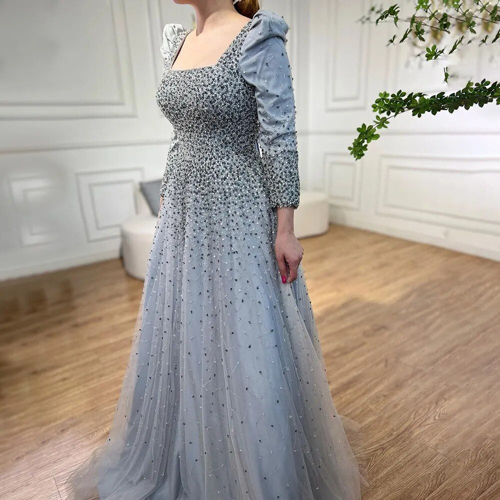 Serene Hill Arabic Grey A Line Elegant Beaded Luxury Evening Dresses Gowns Puffy Shoulder For Women Wedding Party 2025 LA71368 - SERENE HILL