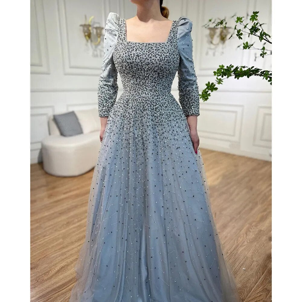 Serene Hill Arabic Grey A Line Elegant Beaded Luxury Evening Dresses Gowns Puffy Shoulder For Women Wedding Party 2025 LA71368 - SERENE HILL