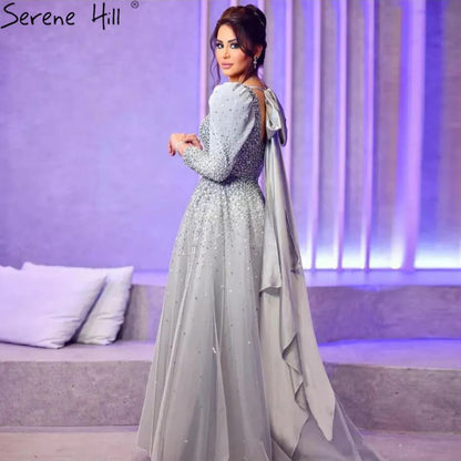 Serene Hill Arabic Grey A Line Elegant Beaded Luxury Evening Dresses Gowns Puffy Shoulder For Women Wedding Party 2025 LA71368 - SERENE HILL