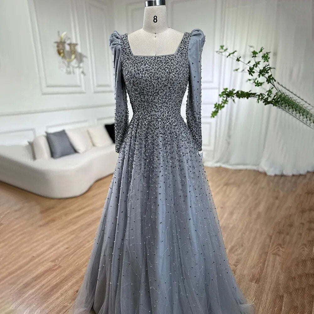 Serene Hill Arabic Grey A Line Elegant Beaded Luxury Evening Dresses Gowns Puffy Shoulder For Women Wedding Party 2025 LA71368 - SERENE HILL
