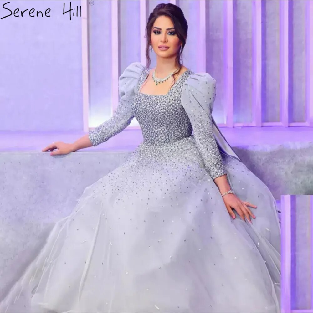 Serene Hill Arabic Grey A Line Elegant Beaded Luxury Evening Dresses Gowns Puffy Shoulder For Women Wedding Party 2025 LA71368 - SERENE HILL