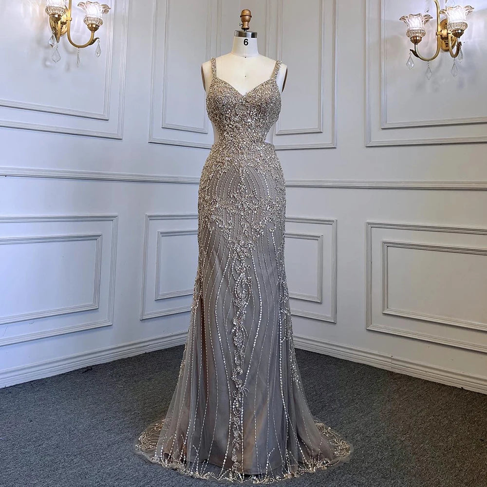 Serene Hill Arabic Grey Mermaid Spaghetti Straps Elegant Evening Dresses Gowns Luxury Beaded 2025 For Woman Party LA71652 - SERENE HILL