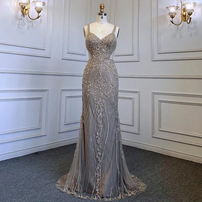 Serene Hill Arabic Grey Mermaid Spaghetti Straps Elegant Evening Dresses Gowns Luxury Beaded 2025 For Woman Party LA71652 - SERENE HILL