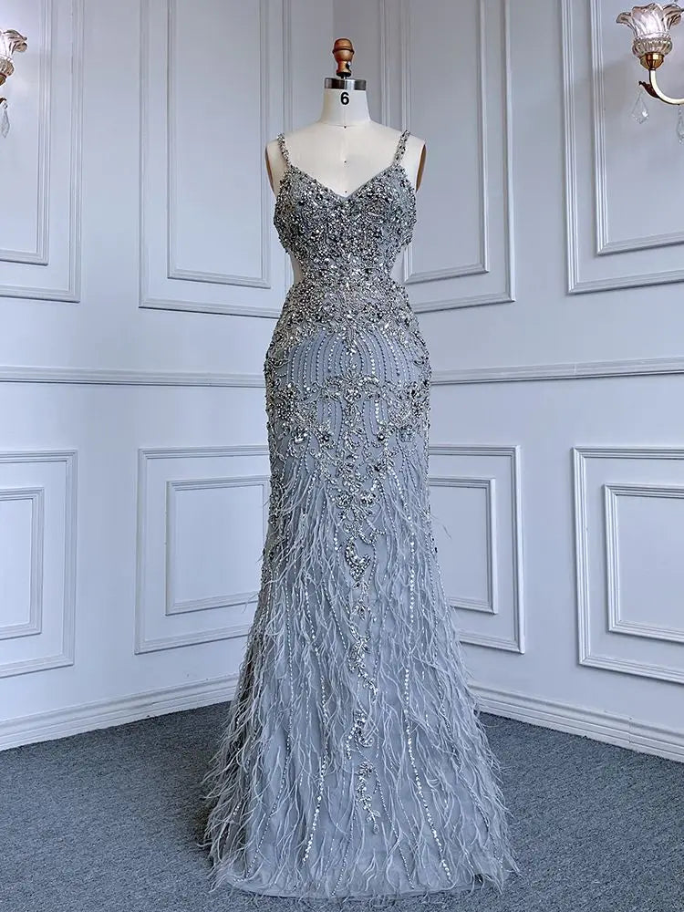 Serene Hill Arabic Grey Mermaid Spaghetti Straps Elegant Evening Dresses Gowns Luxury Beaded 2025 For Woman Party LA71652 - SERENE HILL