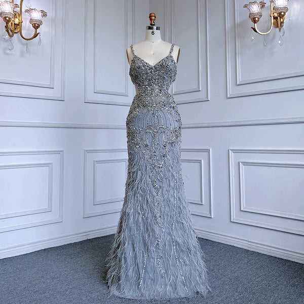 Luxury Grey Feather Beaded Spaghetti Straps Evening Dress LA71652A
