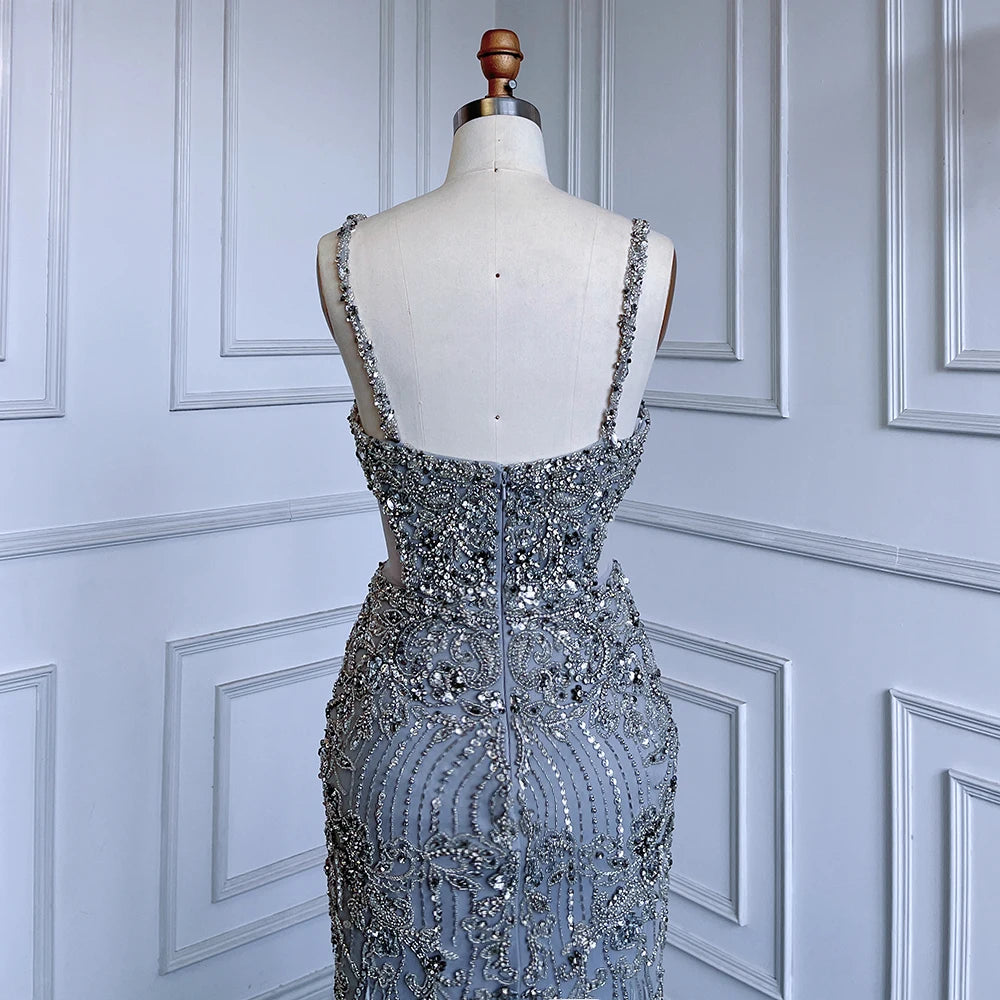 Luxury Grey Feather Beaded Spaghetti Straps Evening Dress LA71652A - SERENE HILL