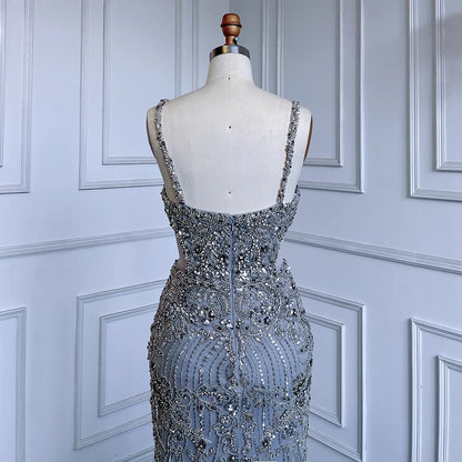 Luxury Grey Feather Beaded Spaghetti Straps Evening Dress LA71652A - SERENE HILL