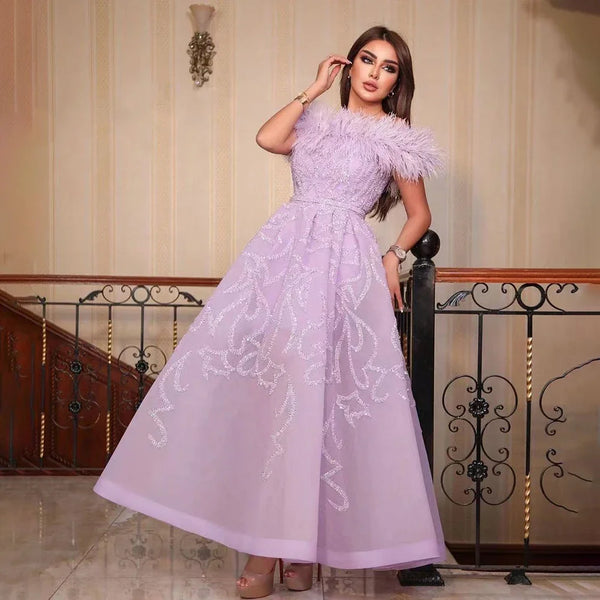 Serene Hill Arabic Lilac A-Line Ankle Length Beaded Feather Luxury Evening Dresses Gowns for Women Wedding Party 2025 LA71932