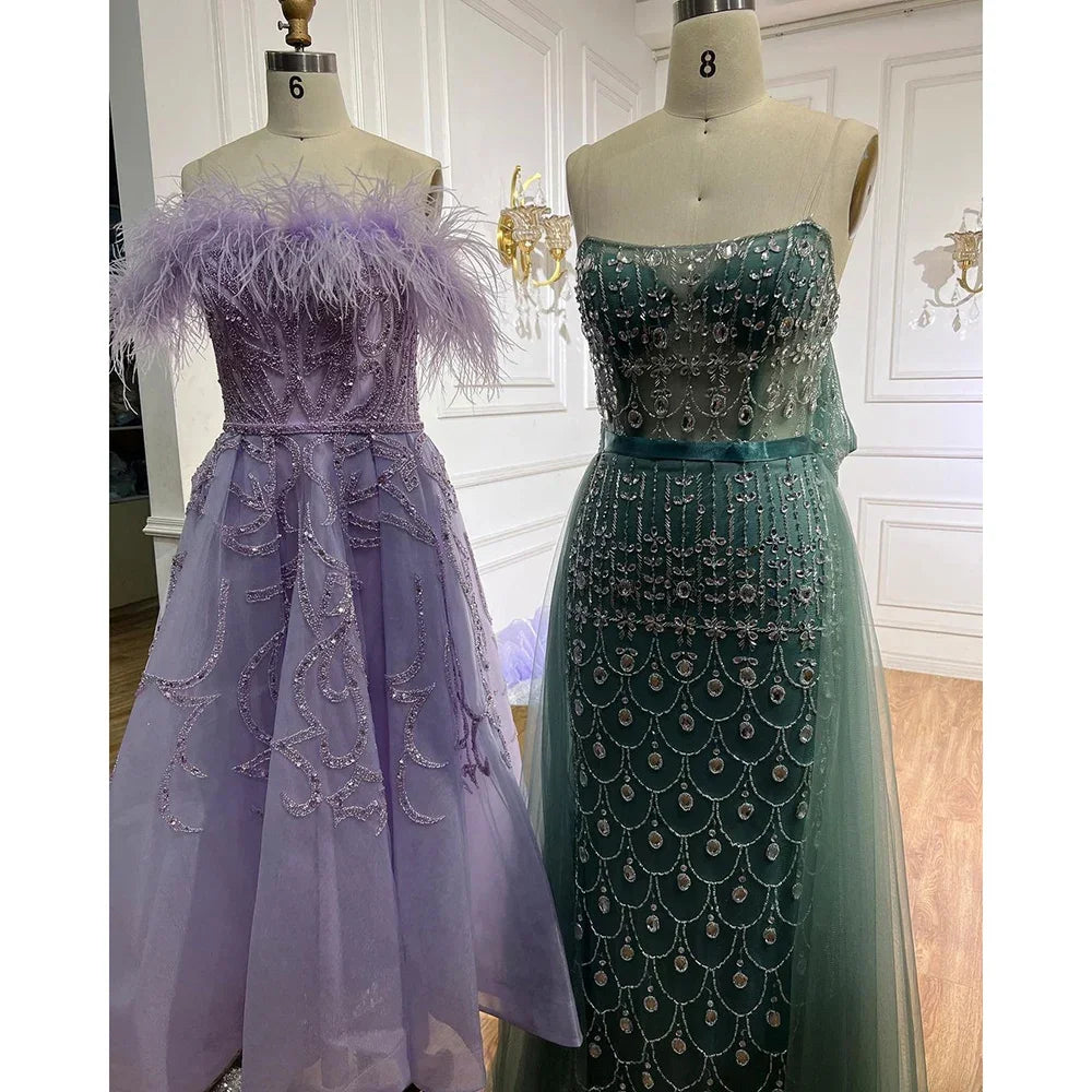 Serene Hill Arabic Lilac A-Line Ankle Length Beaded Feather Luxury Evening Dresses Gowns for Women Wedding Party 2025 LA71932 - SERENE HILL